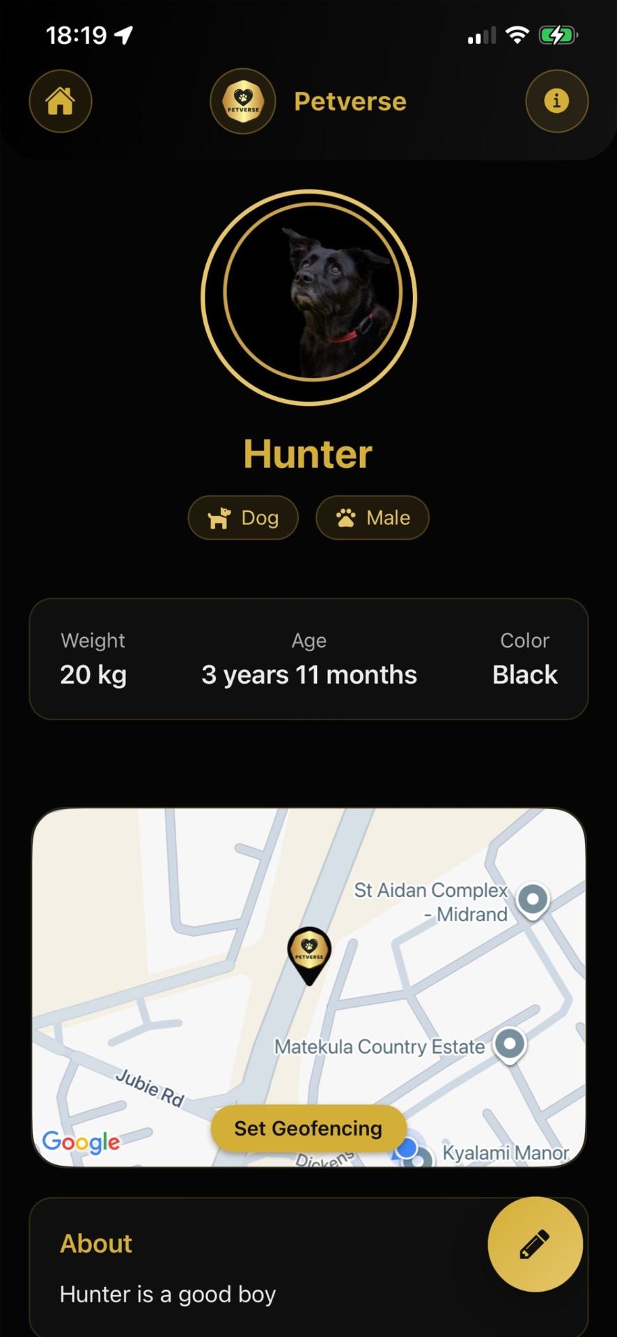 Petverse app showing pet GPS tracking and profile